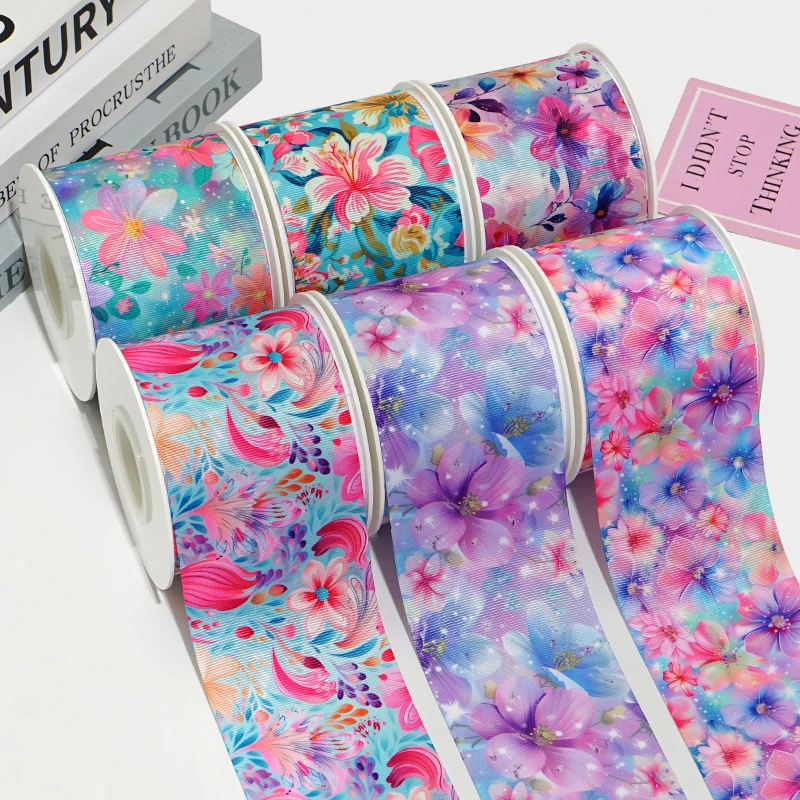 5Yards 75mm Flowers Ribbons Little Girls Cartoon Grosgrain/Satin Ribbon Printed Ribbon For Crafts Decoration Bow  92050