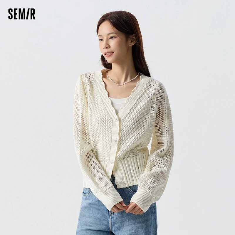 

Semir 2024 Knitted Cardigan Women Short Puff Sleeve French Style Spring New White Hollow Texture V-Neck Top