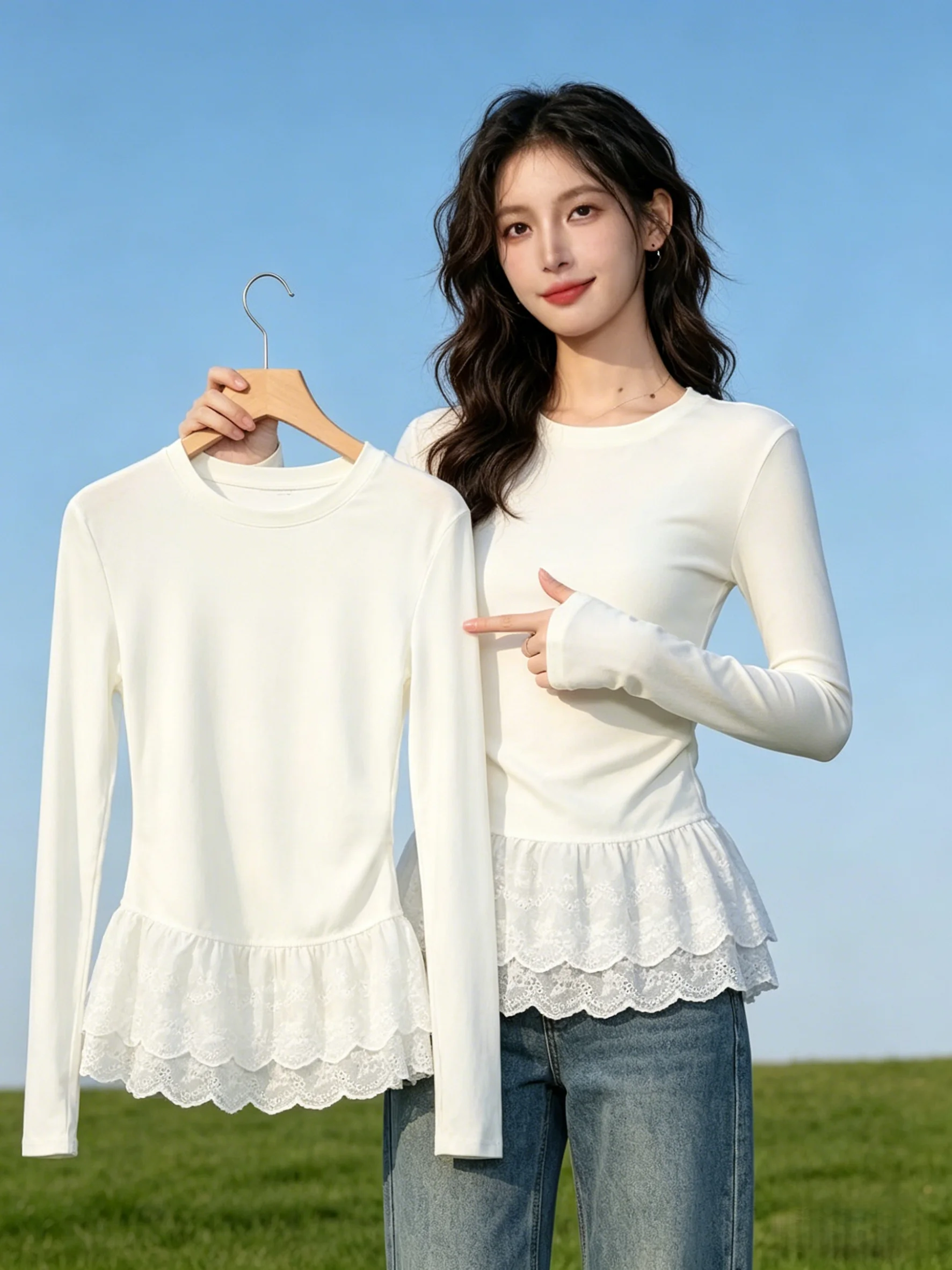 

Spring Ballet Lace Trim Long Sleeve 95 Cotton Women's T-shirt plus Size Layering Base Layer Shirt Simple Style Summer Wear