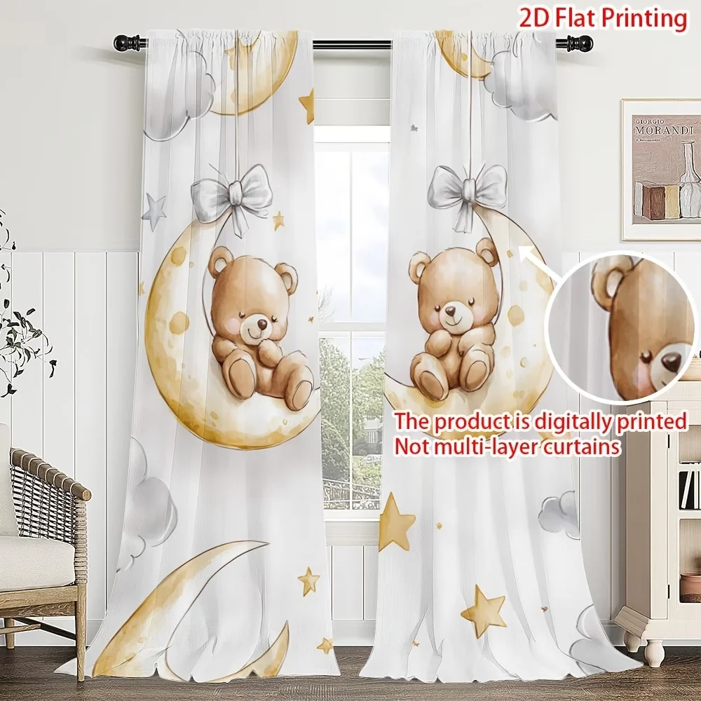 2PCS Digital Printing Curtains with Cartoon Teddy Bear on Moon, Stars Clouds Bows Pattern, Watercolor Kids Bedroom Decor Style