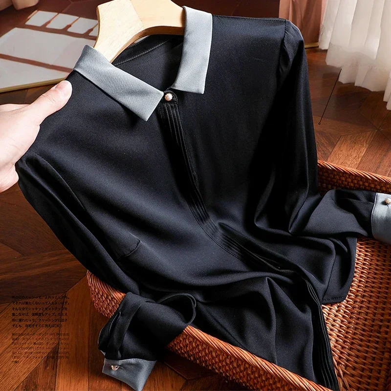 Casual Solid Silk Female Shirts Office Lady Tops Spring Simple Fashion Women Satin Blouse Long Sleeve Loose Elegant Shirt 29960