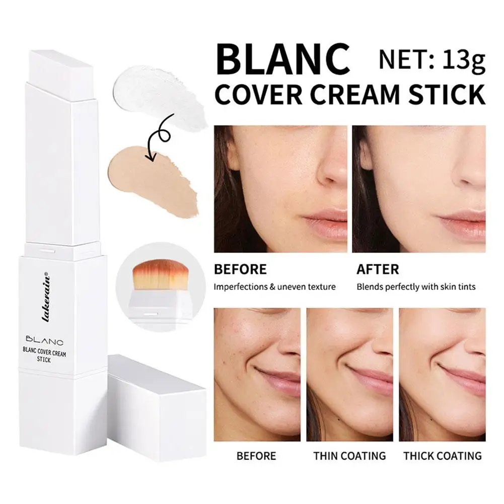 2-in-1 Color-Changing Foundation Stick White Cover Self Adjusting Foundation Creamy Blendable Full Coverage Concealer With Brush