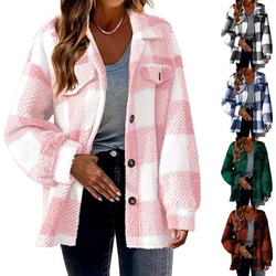 Lamb Wool Pocket Plaid Jacket Button Long Sleeve Casual Women Clothing Short Vintage Coat Autumn Winter Classical Outfit Loose