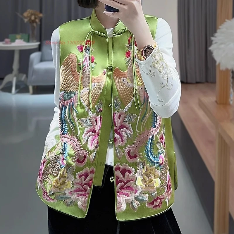 2024 vintage hanfu tops chinese traditional ethnic satin vest national phoenix embroidery sleeveless jacket oriental tang suit