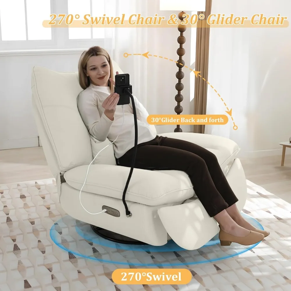 Cadeira reclinável elétrica de grandes dimensões, poltrona reclinável giratória moderna para adultos, chaise lounge de couro sintético com balancim largo de 41,3 ''