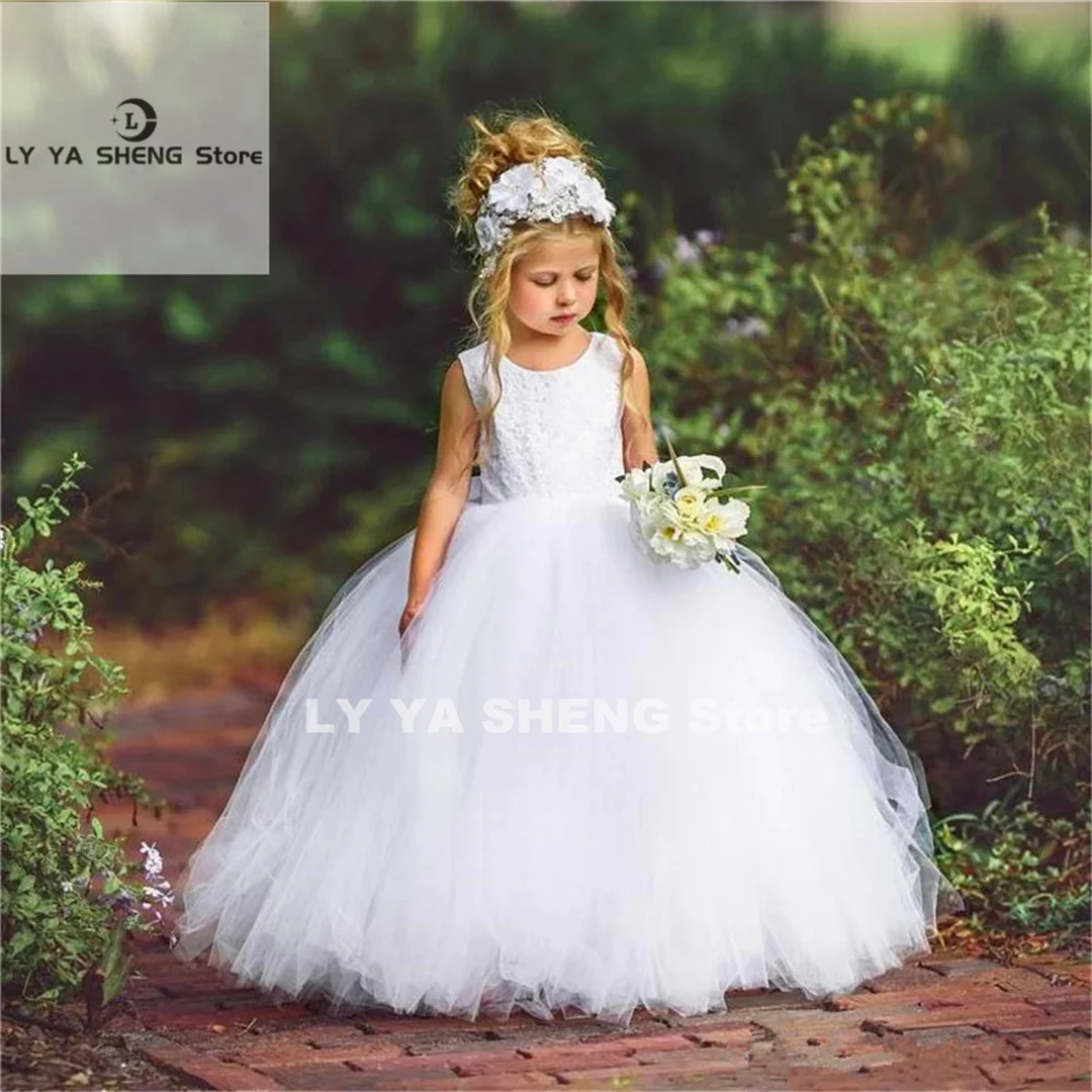 Flower Girl Dress White Sleeveless Tulle Lace Printing Backless Princess Ball First Communion Dresses Surprise Birthday Present