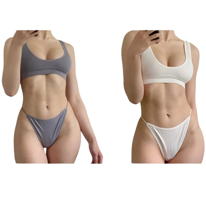 Sexy Women Seamless Bras Set Rib Plunge Tops Non-Wire Bralette Low Waist G-String Thongs Solid Underwear Female Lingerie Set