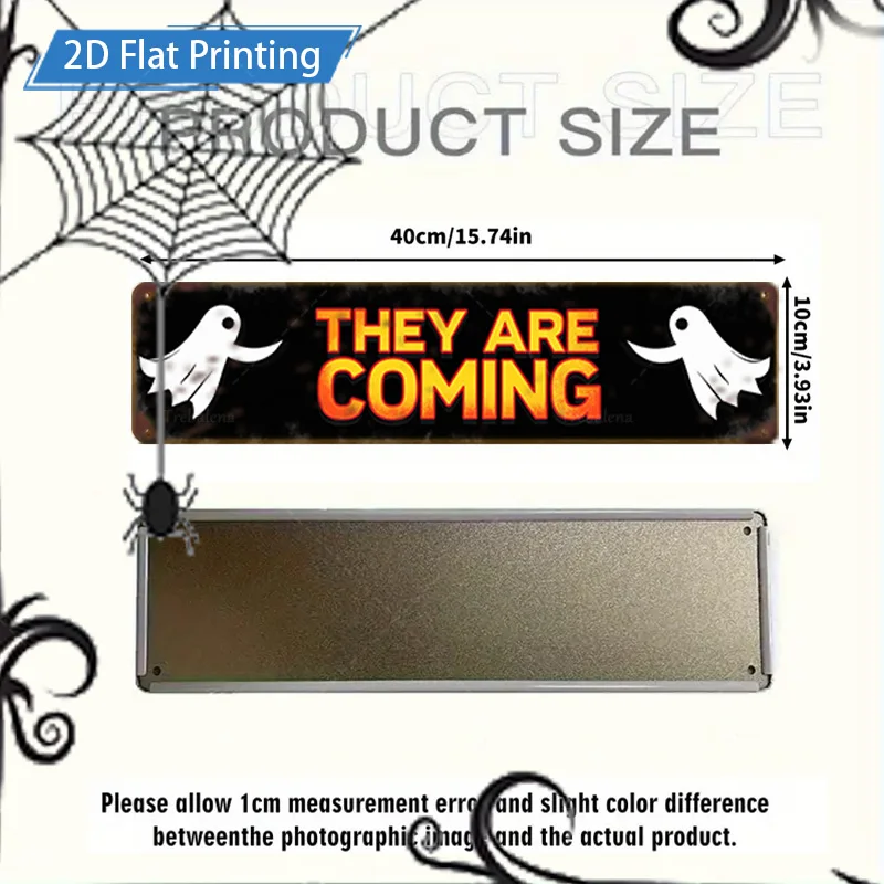 1pc 금속 간판, 4x16인치 할로윈 "THEY ARE COMING" 유령 호박 간판, 2D 평면 인쇄 장식