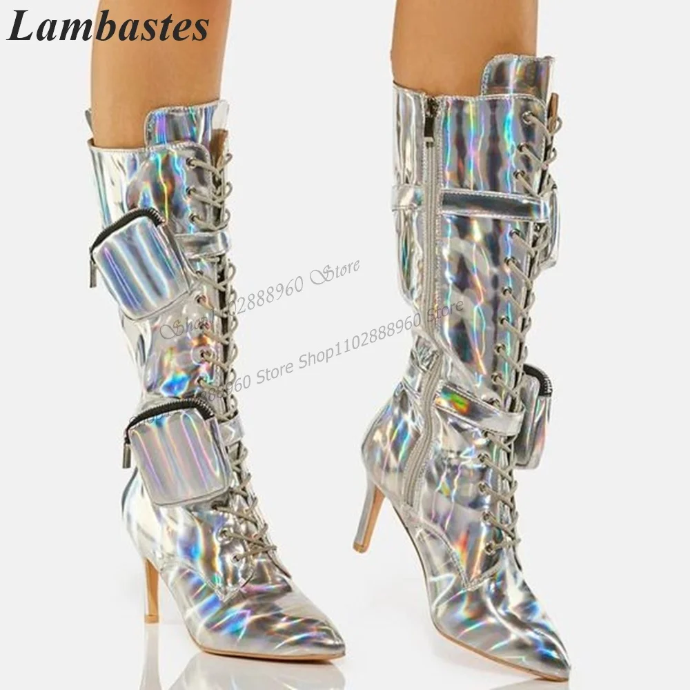 

Cross-Tied Silver Belt Bag Decor Boots Thin High Heel Shoes For Women Side Zipper Pointed Toe 2023 Fashionable Zapatillas Mujer