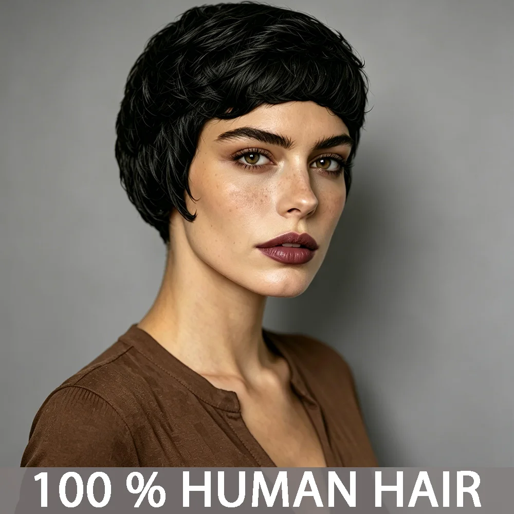 Peruca Curta Pixie de 4 Polegadas em Cabelo Humano com Franja - Cabelo Remy Brasileiro 180% Densidade com Rede Rosa, Peruca Curta Feita à Máquina