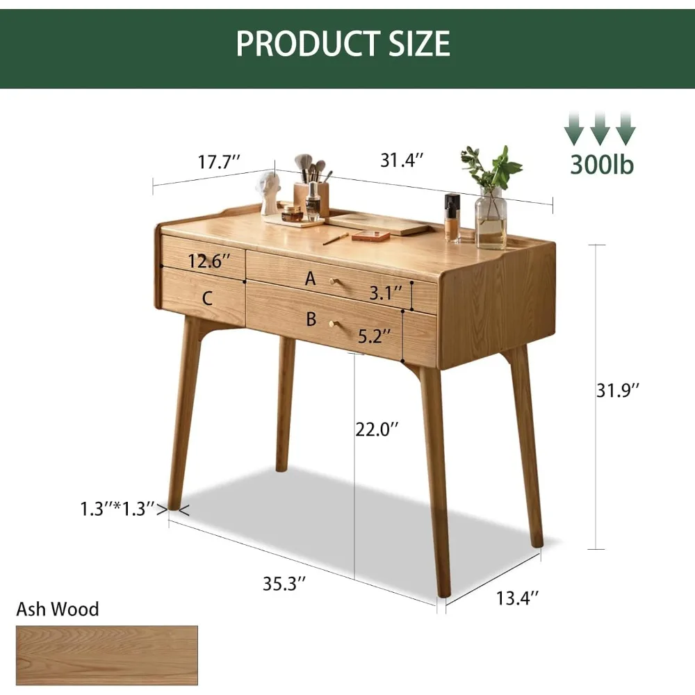 مكتب زينة لغرفة النوم مصنوع من الخشب الصلب مع مقسم للأدراج وطاولة للدراسة والمكياج، 31 عميق × 18 عريض × 32 مرتفعًا