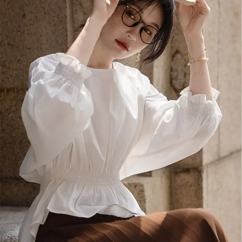 

Women's White Round Neck Puff Sleeve Smocked Waist Peplum Blouse
