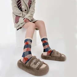 Spring Autumn For Woman Japanese Fashion Colorful Checkered Mid Tube Socks Double Needle Double Road Design Cotton Sports Socks