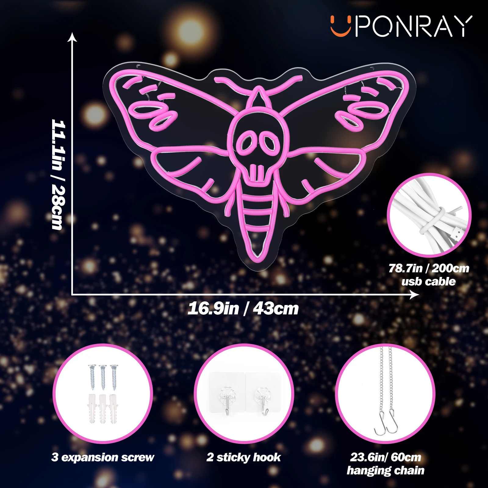 Imagem -02 - Uponray-death Head Moth Neon Signs Crânio Led Borboleta para Decoração de Parede Regulável e Alimentado por Usb Insect Neon Único