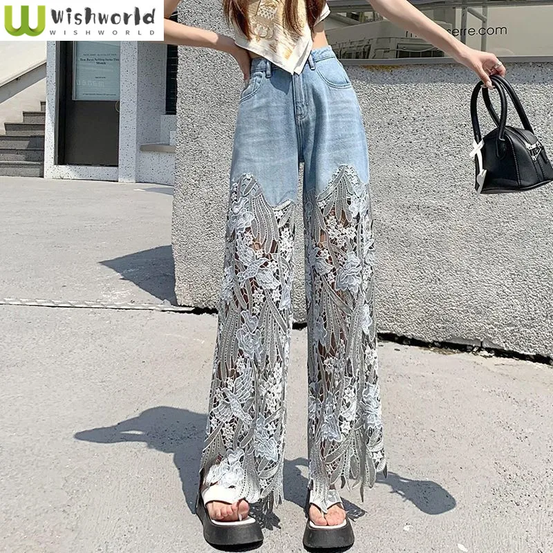 2023 Summer New Hollowed-out Lace Stitching Jeans High Waist Wide Leg Pants Loose Clothing Women Loose Casual Pants