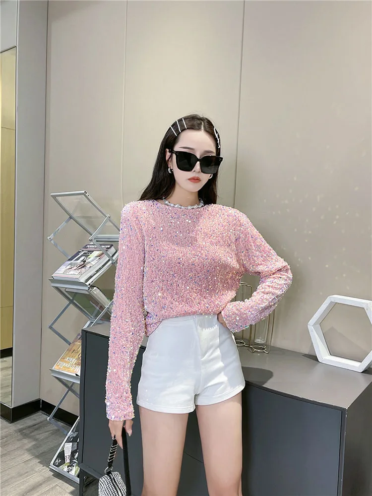 Sequin Short Shirt Top for Women's 2024 Spring Clothing Elegant Abottom Long Sleeved T-shirt Ropa De Mujer