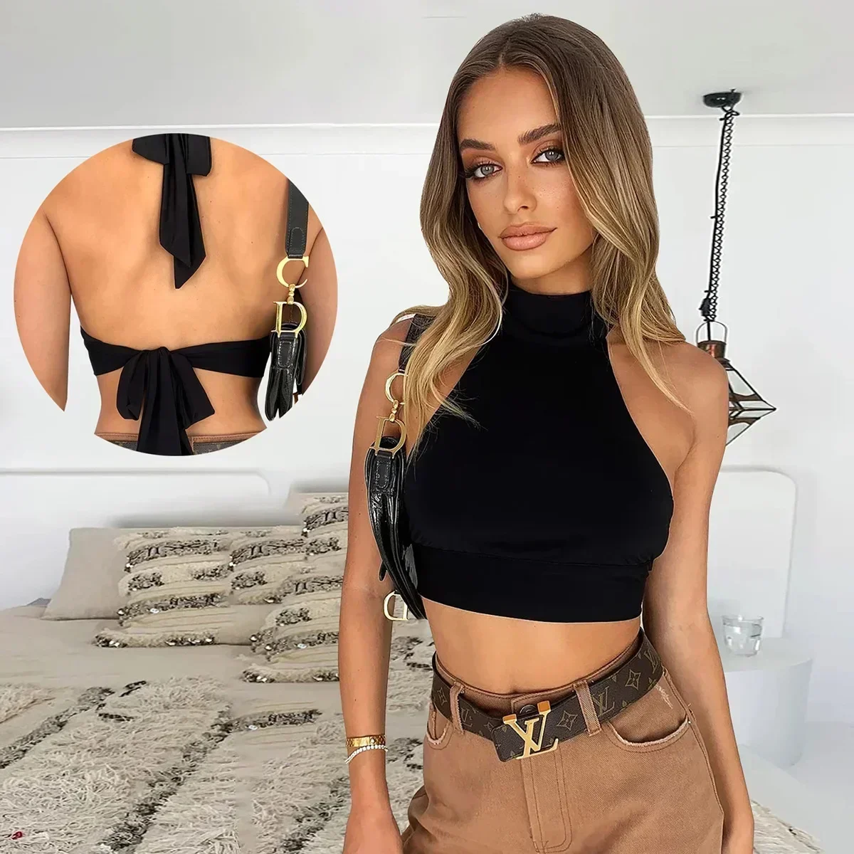 2025 Summer Sleeveless Crop Top, Sexy Off-the-button Halter Neck Strap Tight Women's T-shirt Vest Plus Size 9XL 8XL 7XL 6XL 5XL
