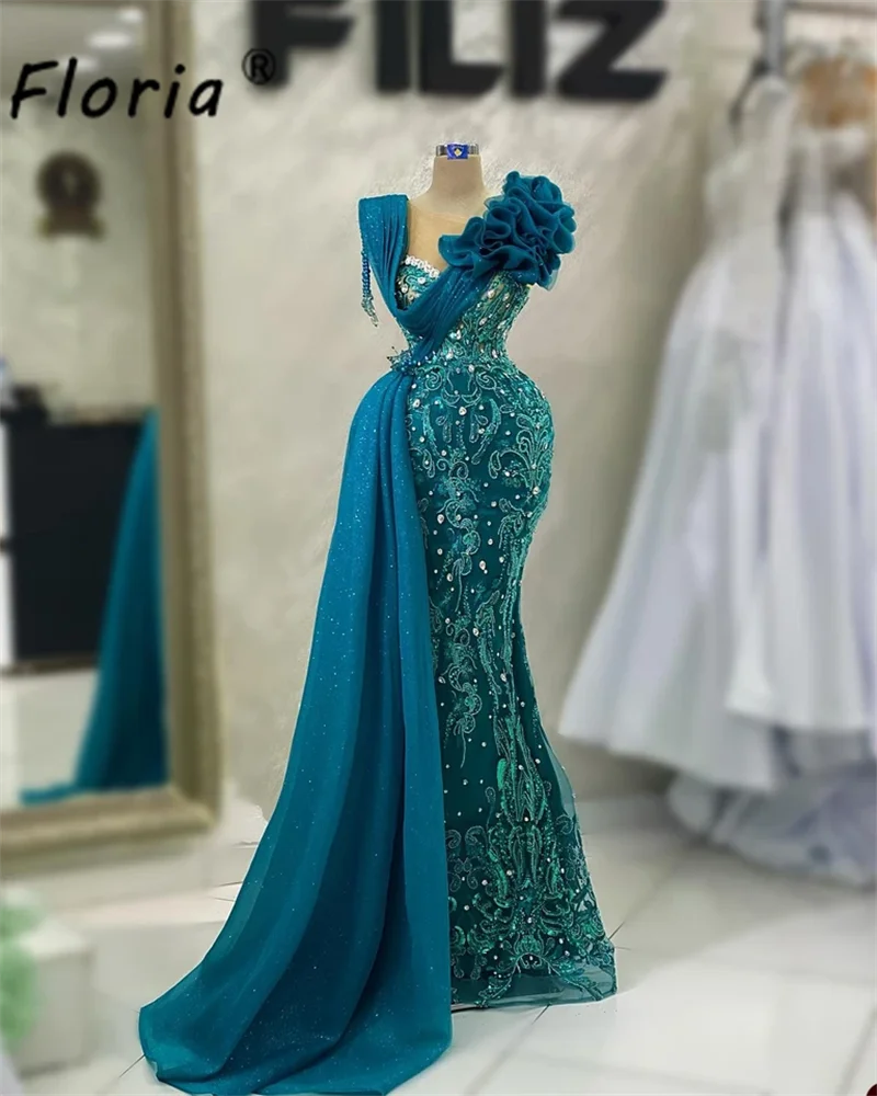 Elegant Dubai Beaded Mermaid Evening Dresses Crystal Lace Finges Prom Dress with Side Tail Party Gown Customized Robe de soiree