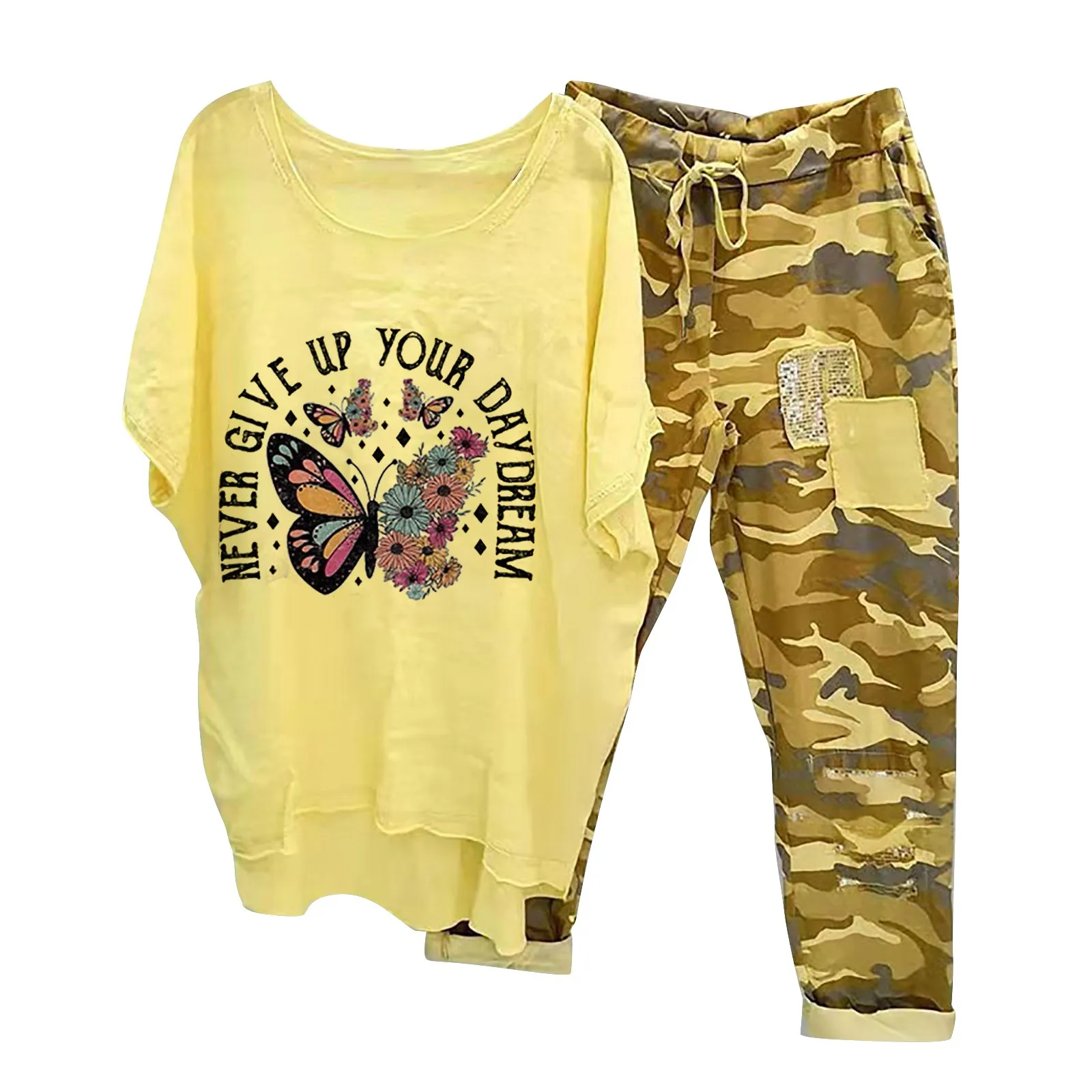 Two Piece Set Spring Summer Loose Women 1 Set T-shirt Pants Camouflage Drawstring Relaxed Fit Asymmetrical Outfit Streetwear