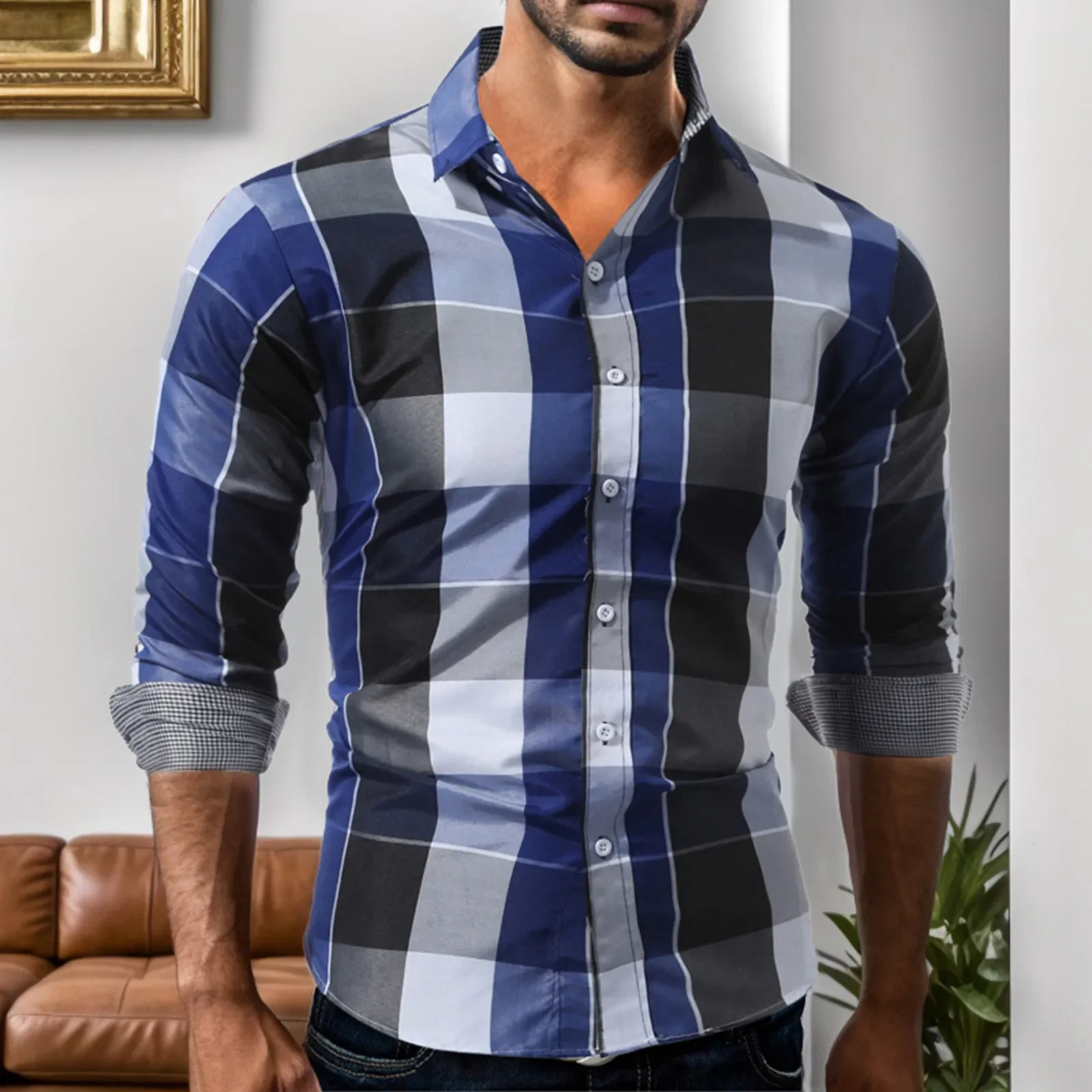 

Mens T Shirts Casual Stylish Graphic Men'S Fashion Long Sleeve Plaid Button Down Shirts Casual Dress Shirt Poleras De Hombre