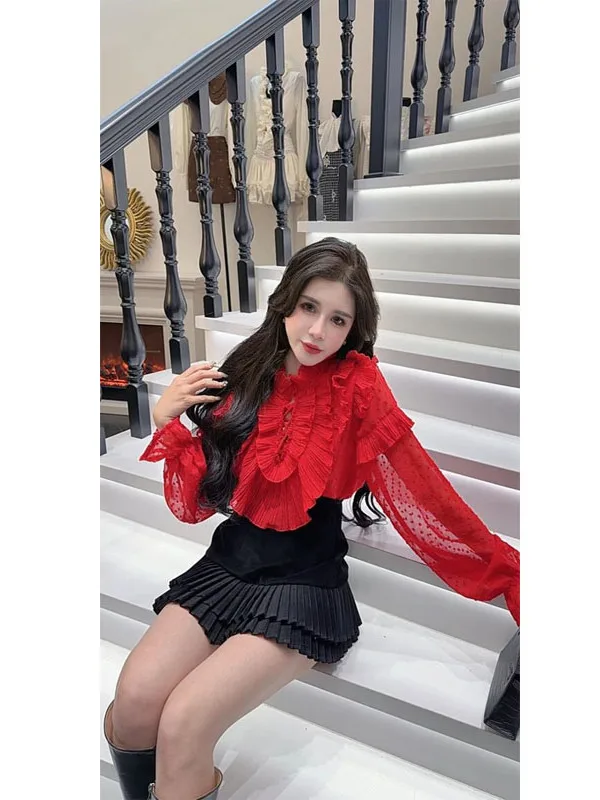 

Корейская женская блузка с длинным рукавом, красная, весенняя, модная, красивая, для праздничной атмосферы