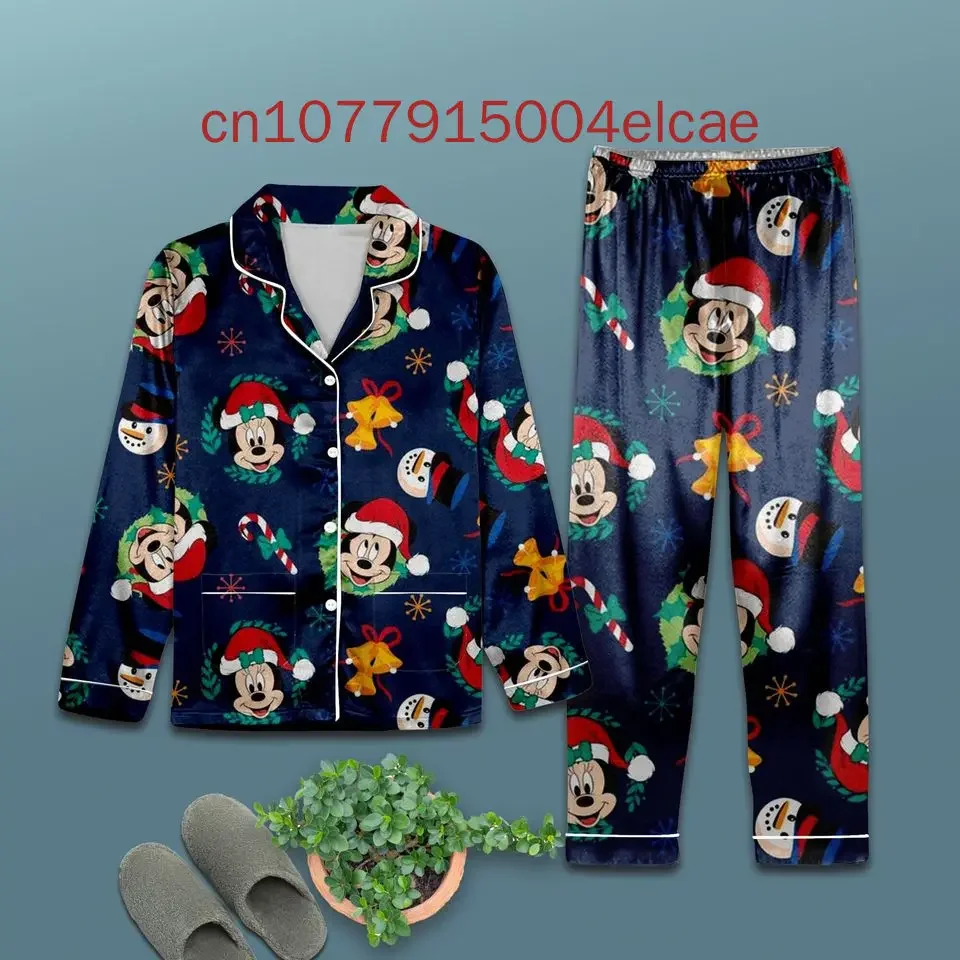 Disney Minnie Mickey Mouse Christmas Pajama Set 3D Printed Casual Men\'s and Women\'s Long Sleeved Shirt Pajama Set