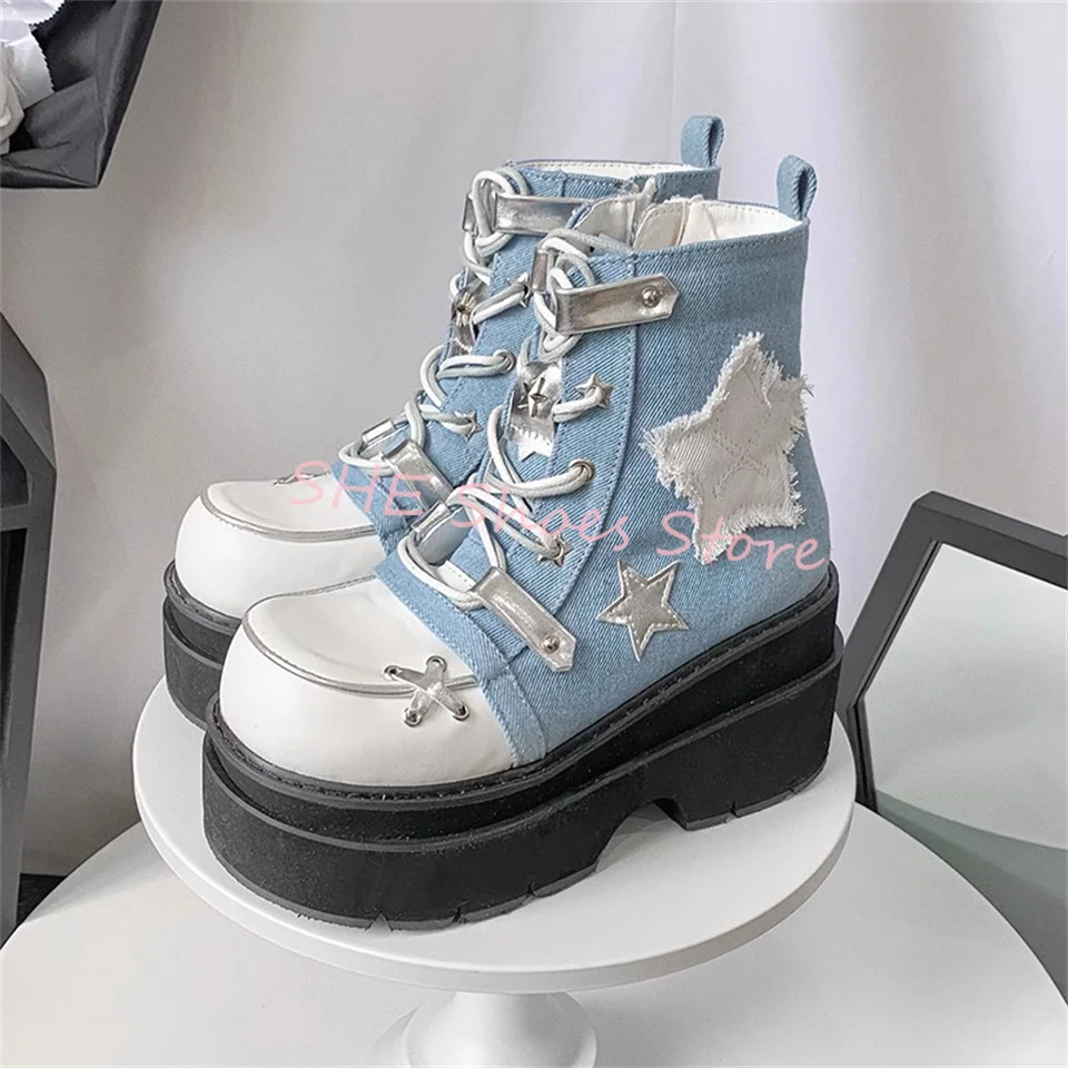 

Lolita Girl Chunky Bottom Wedges Women Denim Boots Y2K Mixed Color Round Toe Lace-Up Short Boots Ladies Western Cowboys Boots