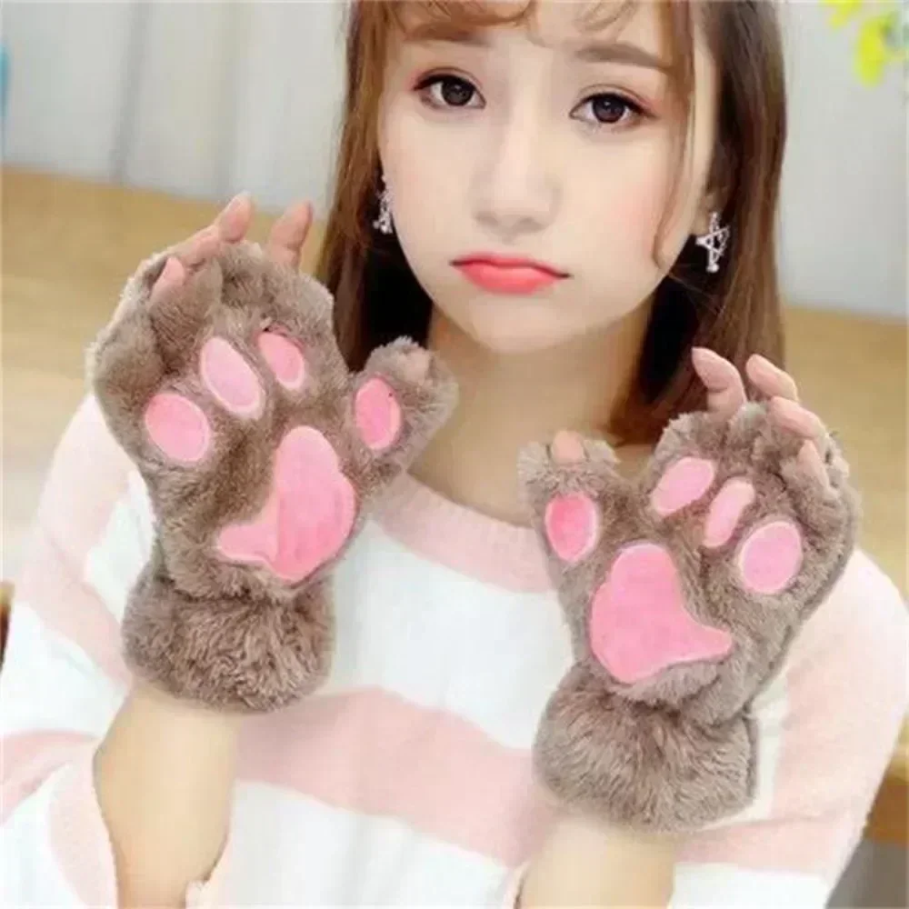 Guanti da gatto da donna Kawaii Moda Ragazze Gatto Artiglio Zampa Guanti in peluche Guanti invernali mezze dita corti in peluche morbidi e caldi