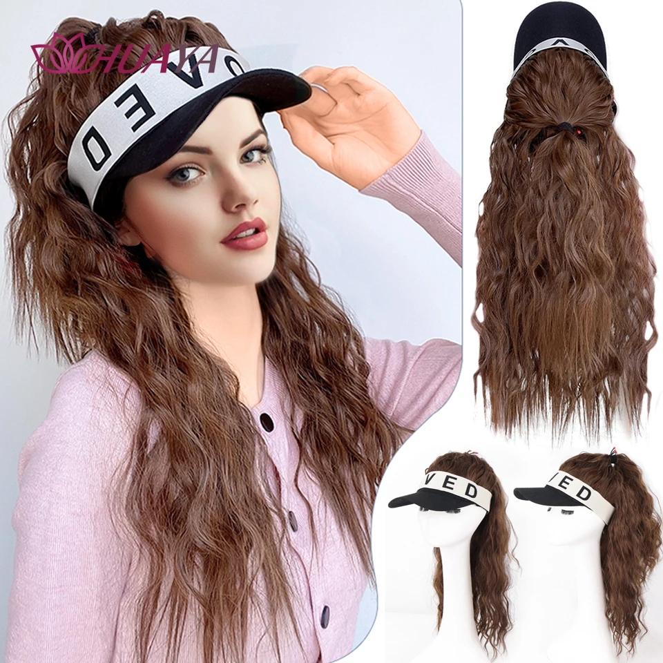 

HUAYA Synthetic Wig for Women With Empty Top Baseball Long Wavy Cap Baseball Cap With Half Ponytail Wig Hair Extensions