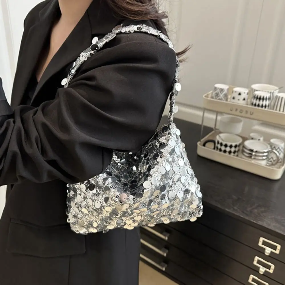 

Portable Shiny Silver Sequin Wrist Bag Zipper Magnetic Blingbling Handbag Handbag Underarm Bag Evening Banquet Bag Party
