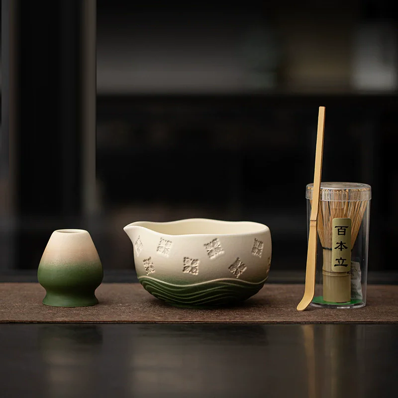 

4Pcs Ceramic Matcha Bowl Sakura with Pouring Spout Matcha Whisk Holder Reusable Flower Matcha Making Kit Tea Lovers
