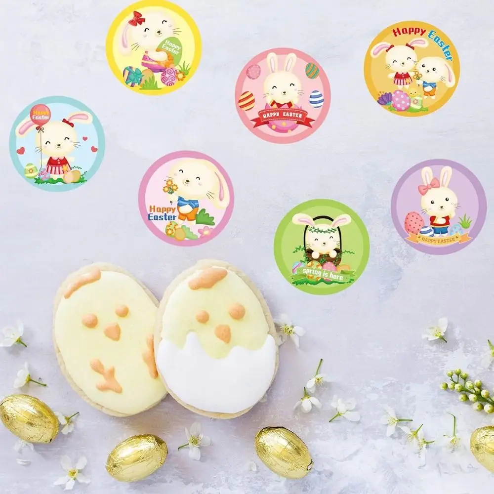 

Happy Easter Golden Paper Easter Stickers Round Shape Self Adhesive Bunny Stickers Cartoon Design Sealing Label DIY Project