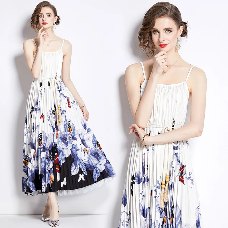 

2024 New Fashion Spaghetti Strap Temperament Print Pleats Skirt Women's Sleeveless Strapless Lace-up Casual Elegant Dress