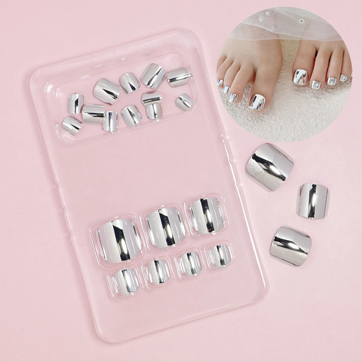 24 pçs espelho cromo imprensa em unhas dos pés metálico dicas de arte do prego falso curto quadrado cobertura completa unhas falsas para mulheres e meninas