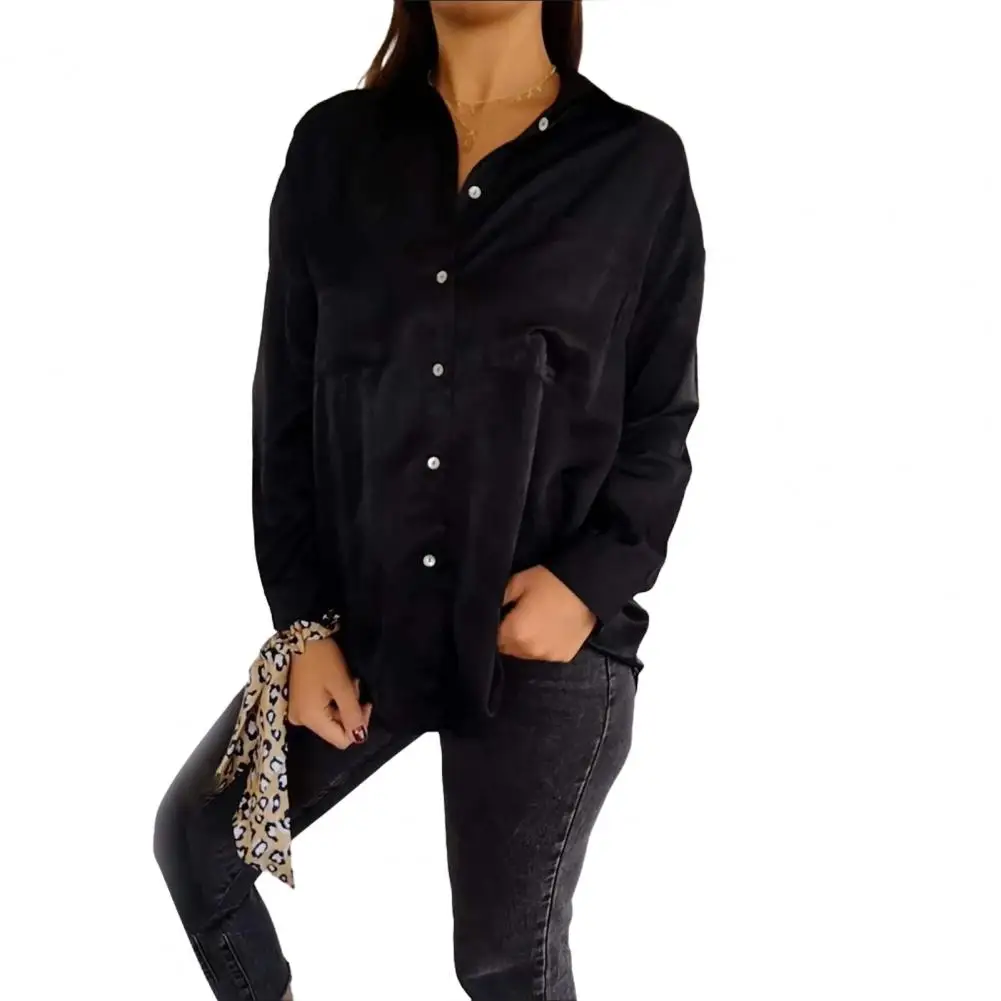 

Women Shirt Lapel Long Sleeve Shirt with Patch Pockets Solid Color Loose Fit Office Lady Top Single