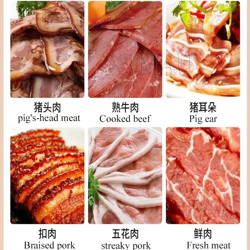 เครื่องหั่นเนื้อแบบอัตโนมัติสำหรับการค้าไส้กรอกหมูสุกแฮมเครื่องหั่นเนื้อขนาดเล็กแช่แข็ง