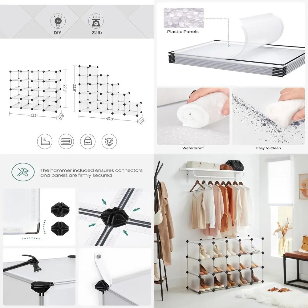 

Пластиковая обувница на 16 ячеек, экономящая место, для прихожей, спальни или гаража, 12x35.1x27.2 дюйма, прозрачная