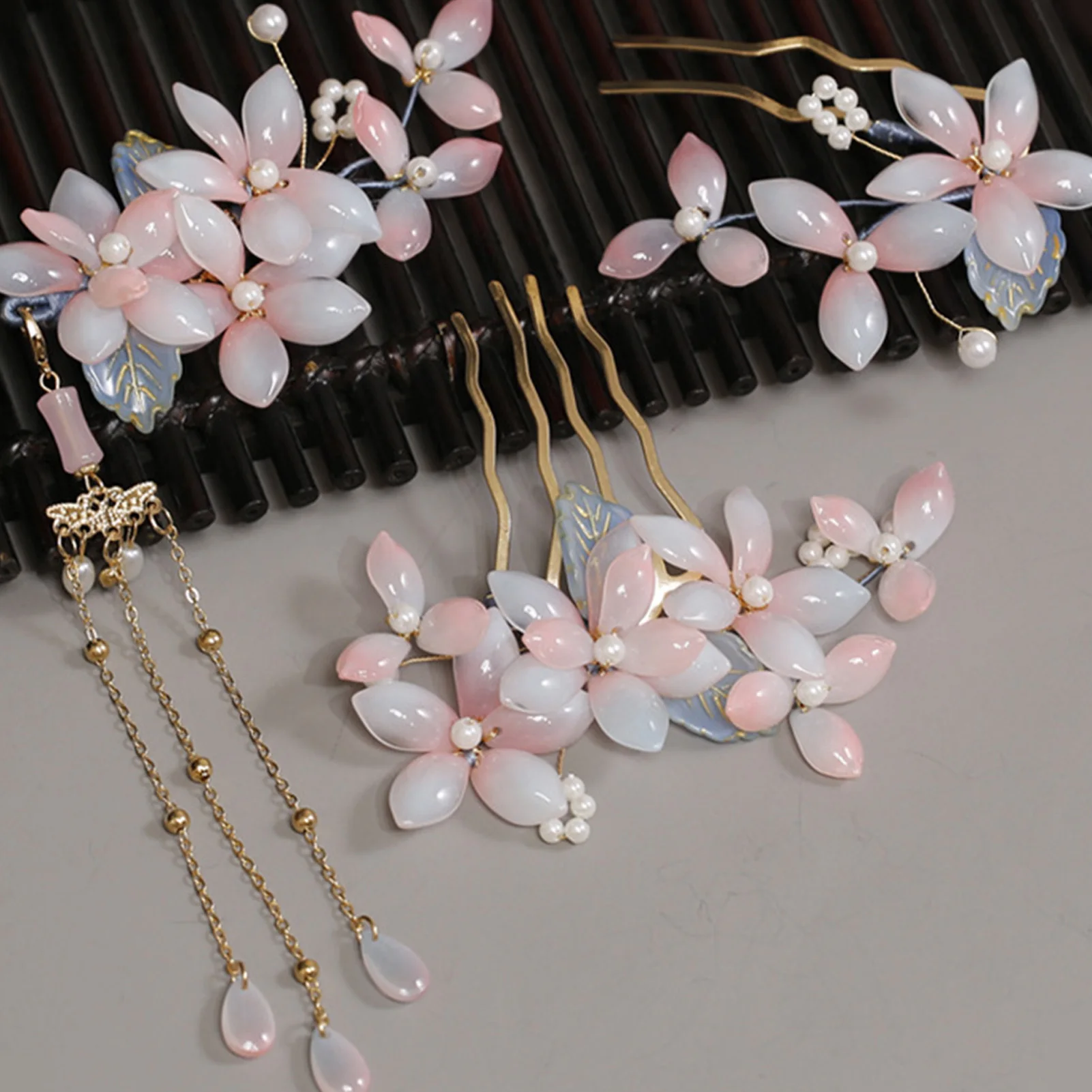 أحمر الخدود الوردي زهرة غطاء الرأس جديد النمط الصيني الأزهار دبابيس الشعر U على شكل الشعر العصي الشوك اللؤلؤ ديكور Hanfu فستان الشعر مجوهرات #4