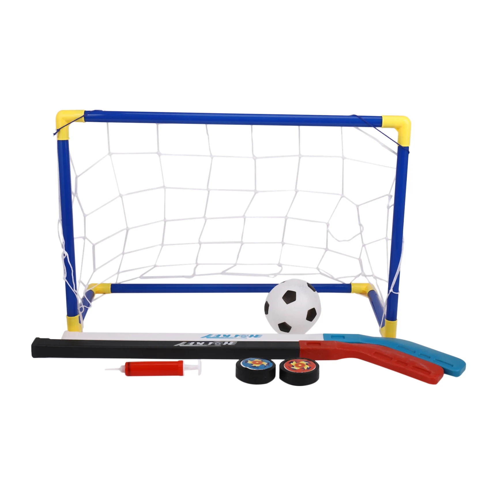 2 in 1 Outdoor/Indoor Kids Sports Soccer & Ice Hockey Goals with Balls and Pump Practice Scrimmage Game Football Toy SetN03R