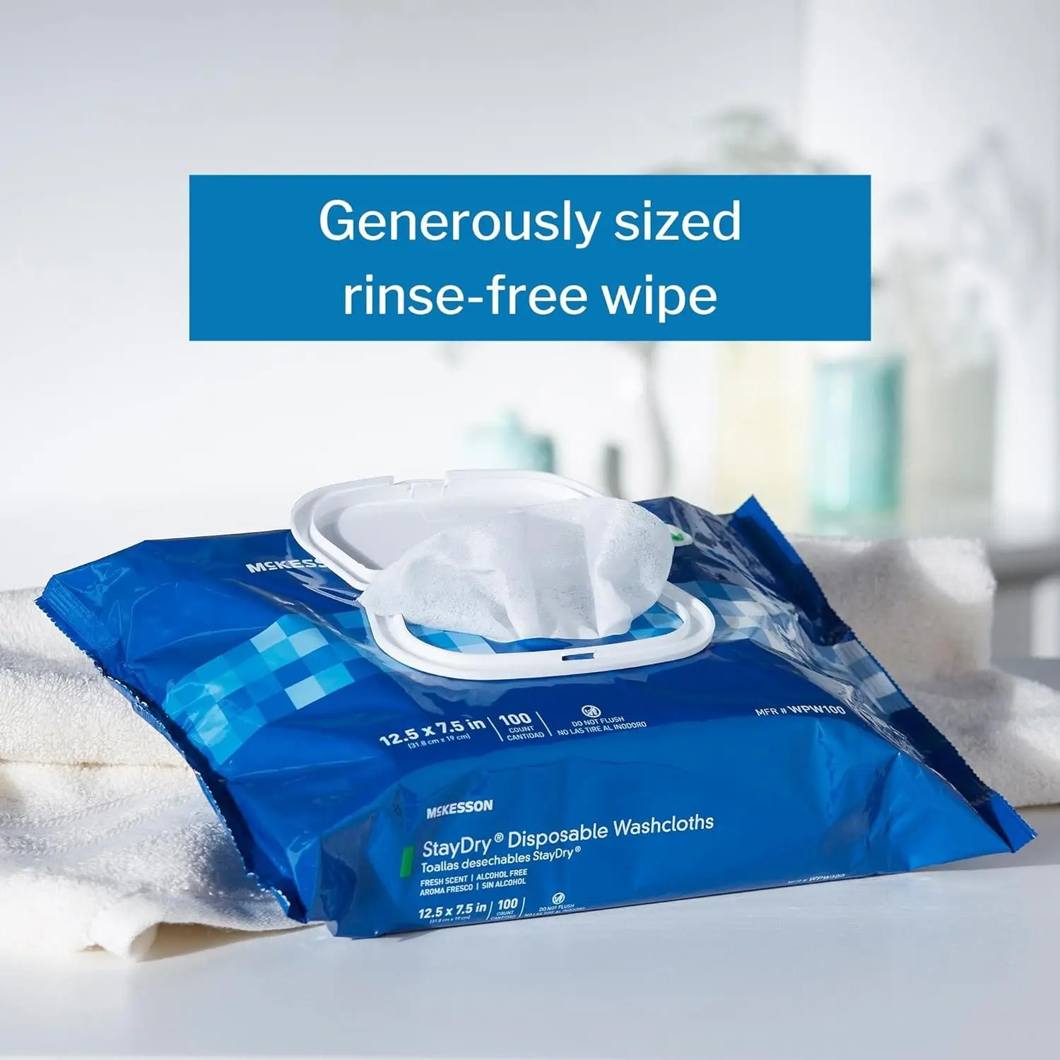 McKesson StayDry Disposable Wipes or Washcloths for Adults with Aloe, Incontinence, Alcohol-Free, Not-Flushable, Pleasantly Frag