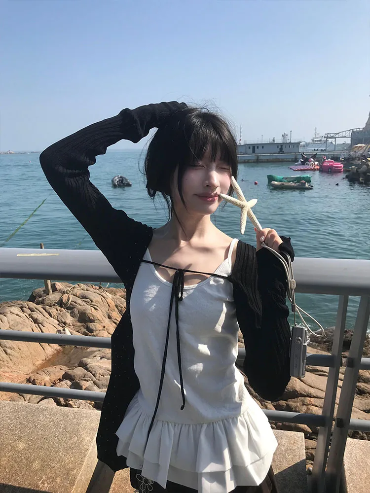 

Korean Ballet Petal Hem Strand Women's Summer Sunscreen Long Sve Slim Fit Bandeau Vest Two-Piece Set Casual Sportswear