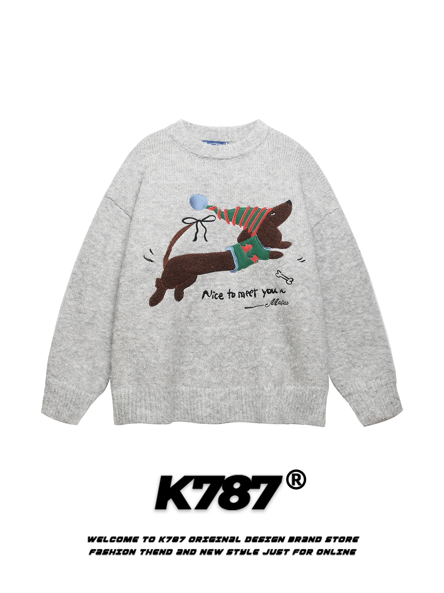 

Американский ретро-свитер унисекс с вышивкой таксы, круглый вырез, свободный крой, в университетском стиле, для пар, осенняя мода, для мужчин и женщин