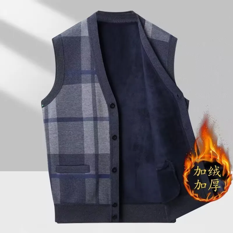 

2025 Men's V-neck Keep Warm Fleece Vest Male Fleece Knitted Waistcoat Autumn Winter Dad's Thick Knitted Cardigan Outwear Coat