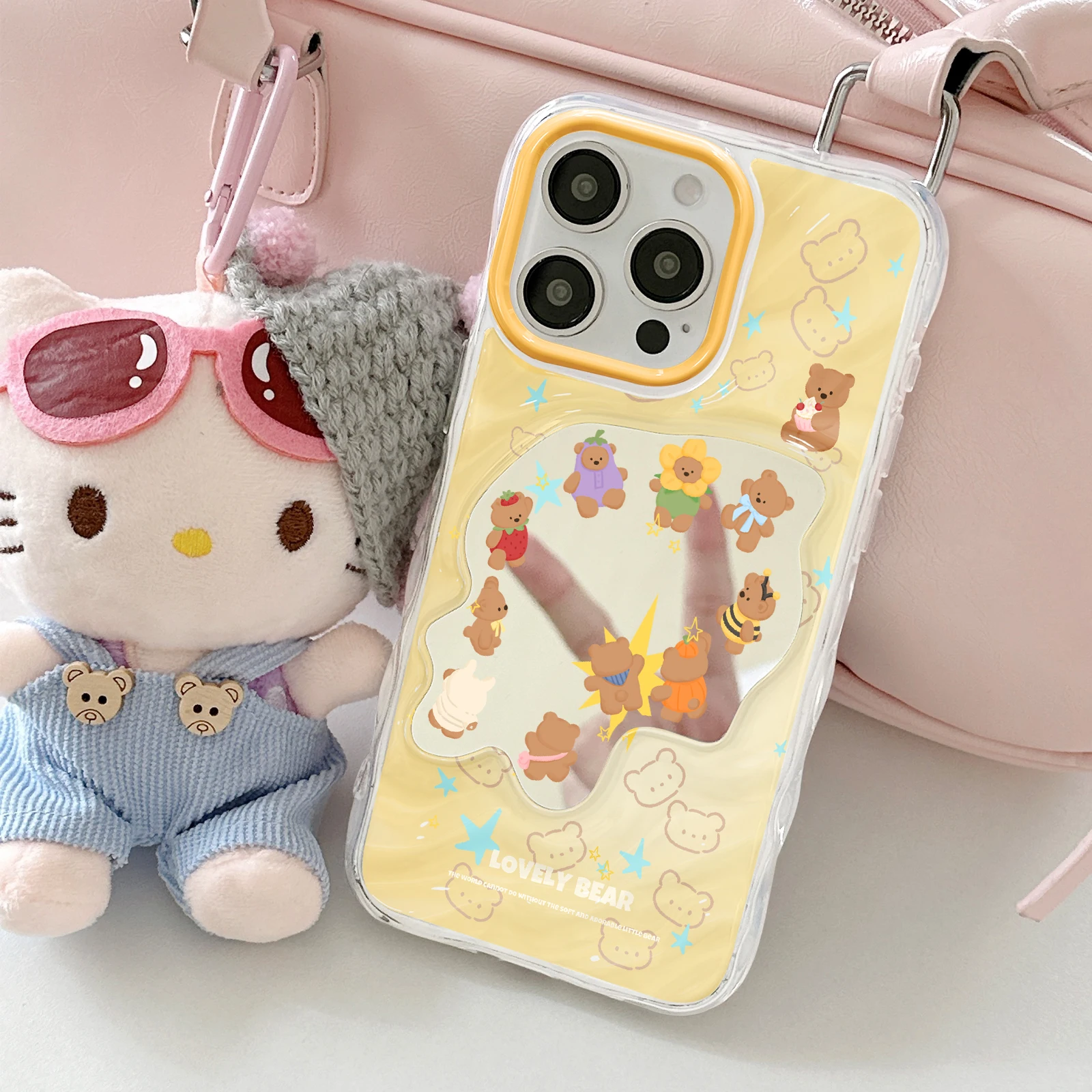 Yellow Frame Soft TPU Case, Lovely Bear Star Irregular Hand Mirror Cream Yellow Cover Fit iPhone 7 X 11-17 Pro Max