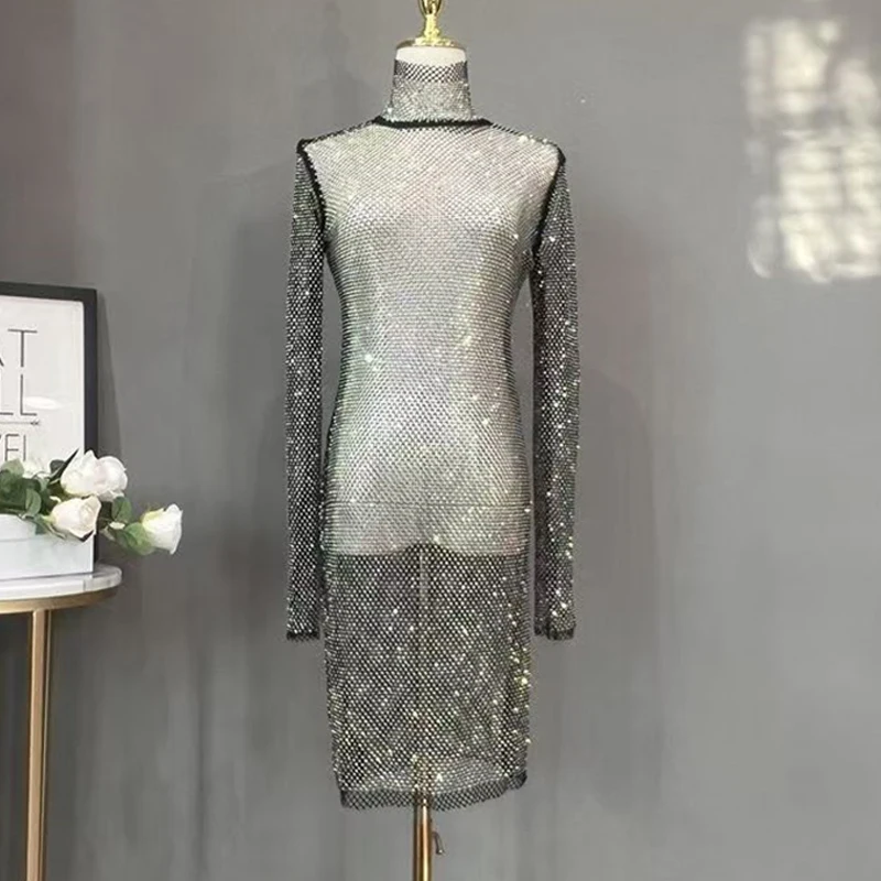 Damen Glänzendes Strass-Mesh-Midikleid mit Rollkragen, Langen Ärmeln, Durchsichtiges Bodycon-Kleid, Sexy Schlankes Party-Nachtclub-Abendkleid – Detail 3