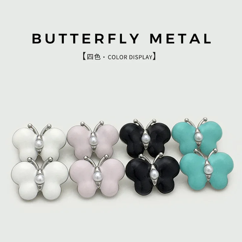 Conjunto de borboleta de pérola colorida fofa de 6 tamanhos 15/20mm com botões de metal de diamante suéter vestido terno jaqueta botões de pele N585