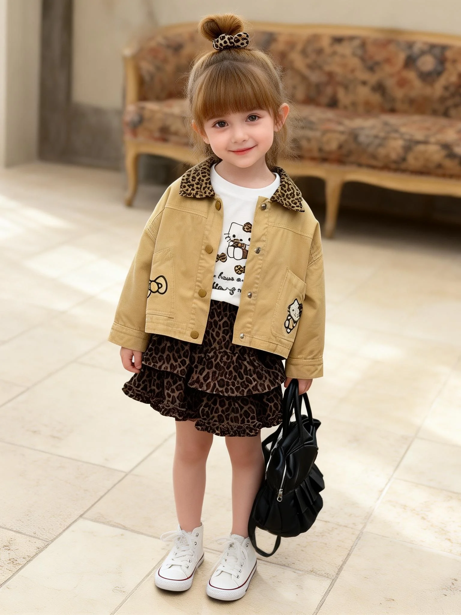 女の子春秋セットヒョウ柄襟ジャケットベースシャツケーキスカート子供用スリーピーススーツカジュアルスタイル快適な生地