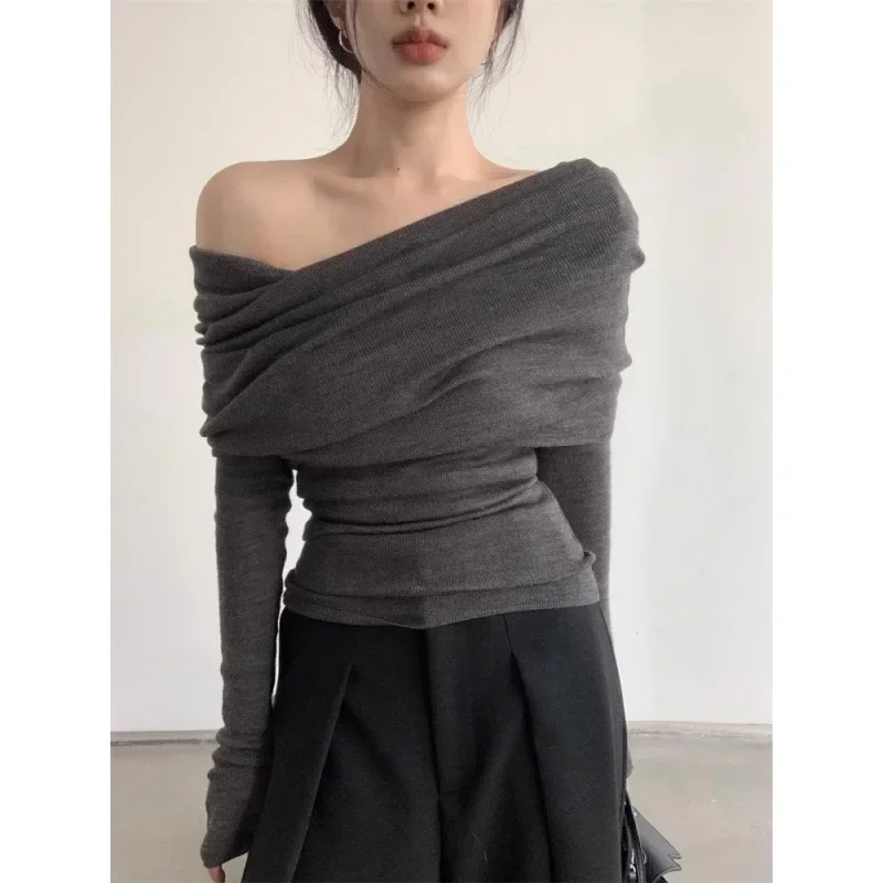 2024 New Women's Pure Desire Aesthetic Off-Shoulder Sweater Long Sleeve Knitted Top Elegant Warm Autumn Winter