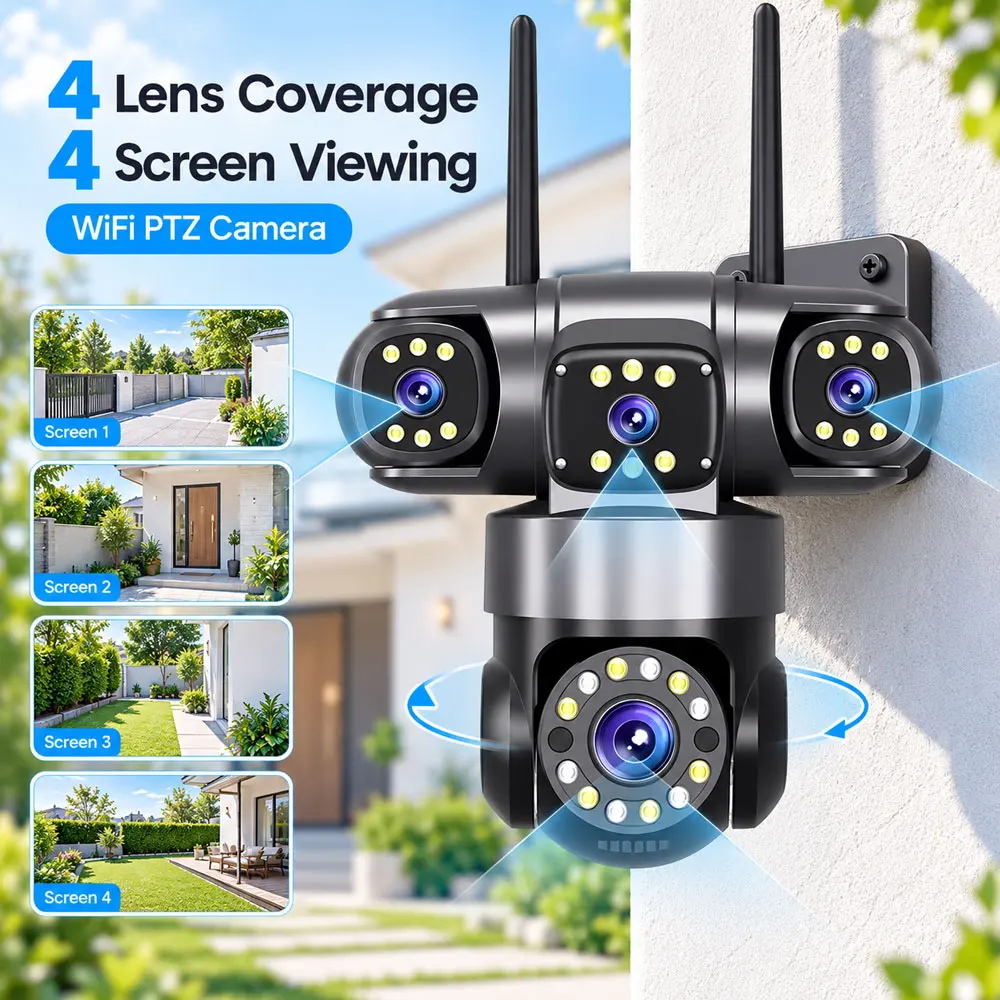 16MP Four Lens WiFi Security Camera 12X Optical Zoom Auto Tracking AI Human Detection IR Night Vision Audio Recording Hieasy App