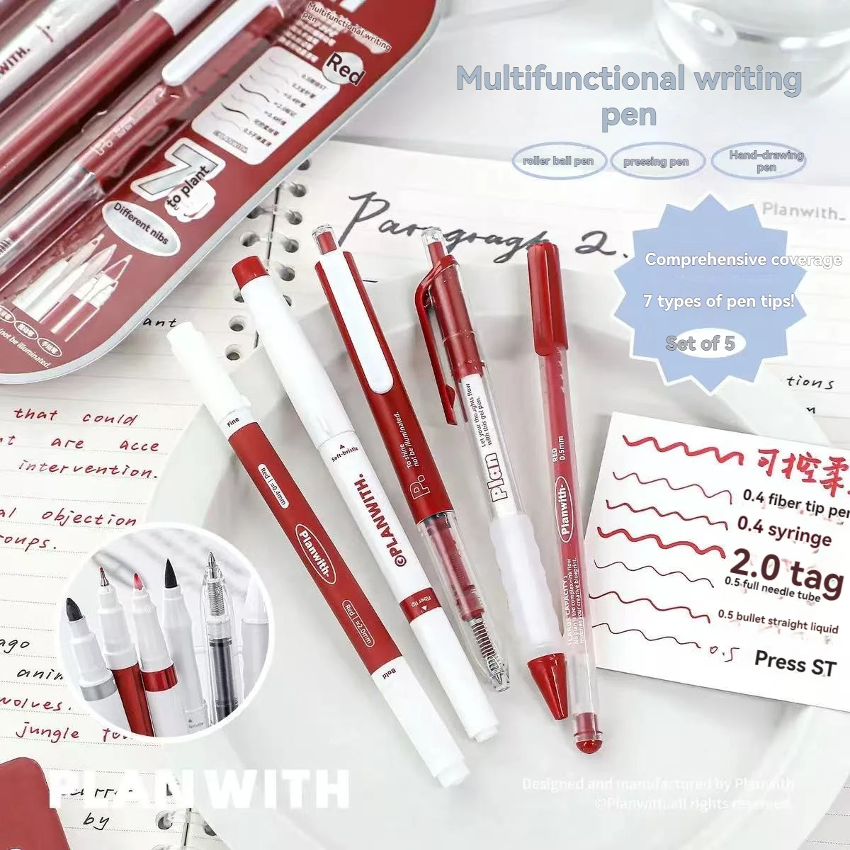 5PCS Gel Pen Red Pen for Note-taking Wind-resistant Smooth Black Pen Large Capacity Practice Pen Student Use Push-action Direct